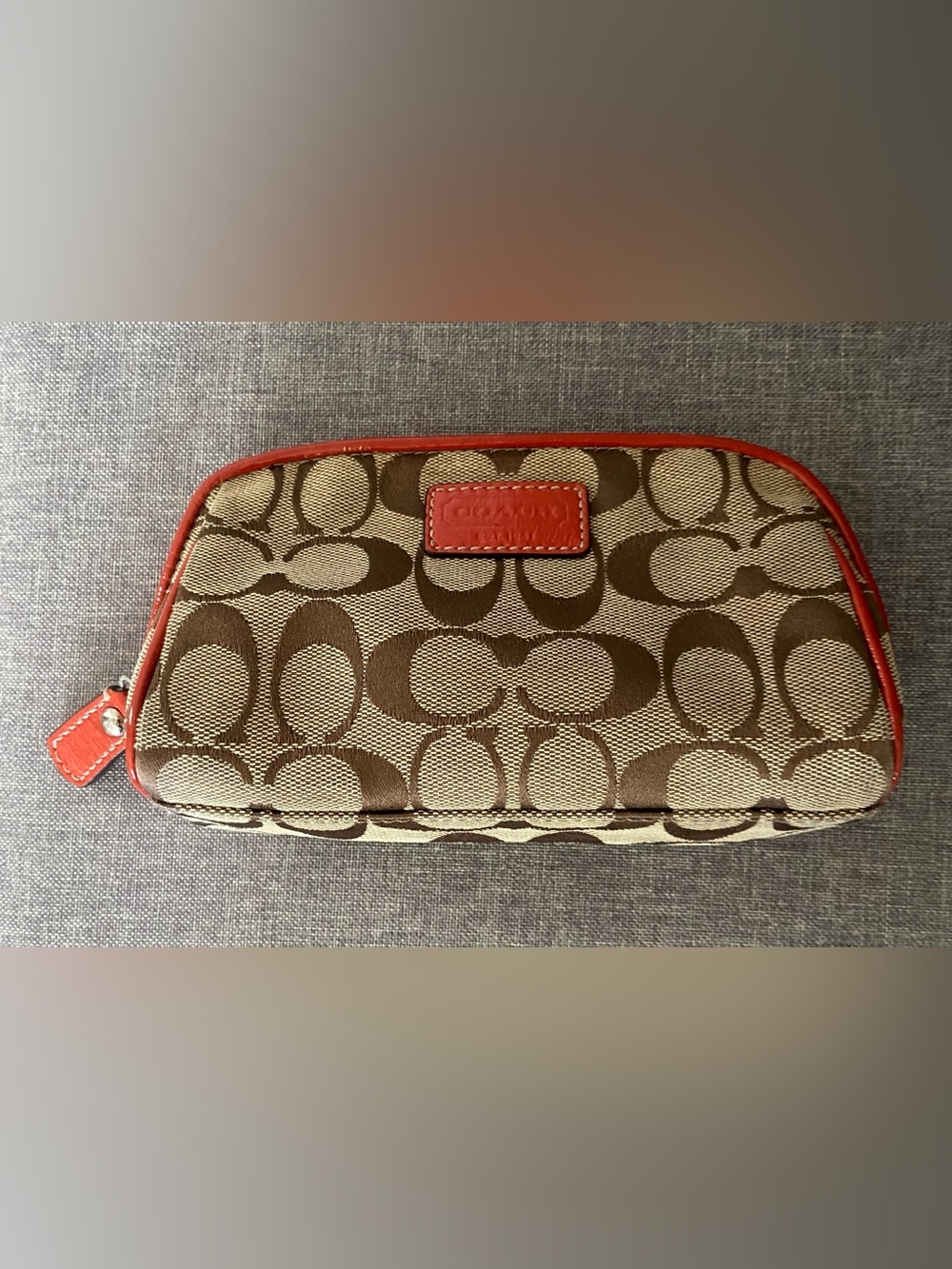 Coach Signature Canvas Cosmetic Pouch in Tan with Orange Trim - Picture 9 of 9